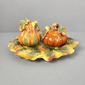 Spode Harvest Collection Hand-Painted Salt Pepper Shaker Tray Set